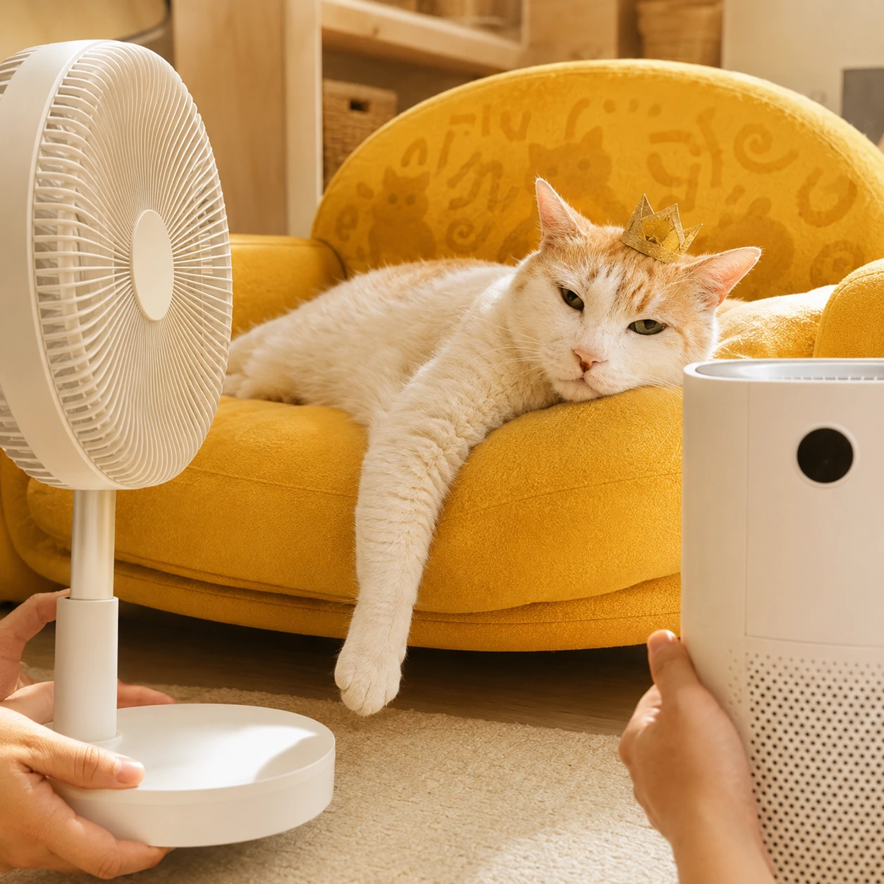 黃阿瑪, an elderly orange-and-white cat in a small gold paper crown, melting across a mustard-yellow cat sofa with one white paw hanging over the edge, while two hands hold an electric fan and an air purifier towards him.