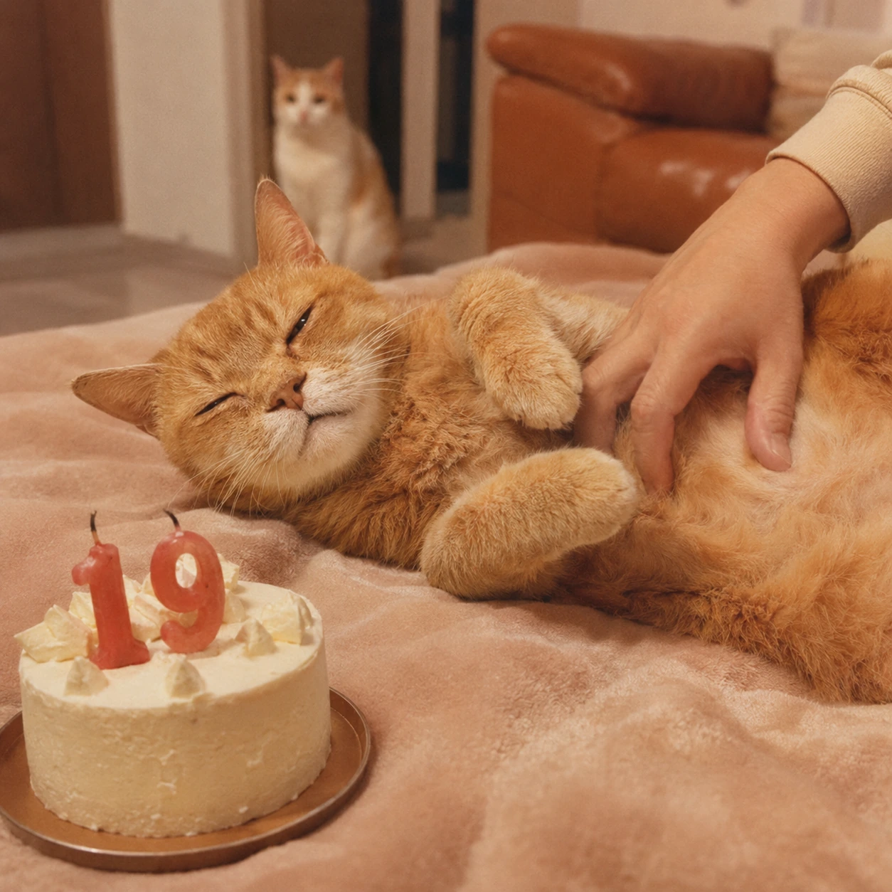 A nineteen-year-old orange cat asleep on a pink blanket with eyes closed and paws curled, receiving a belly rub from a human hand, a small cream cake with number nineteen candles in front and 黃阿瑪 watching from a doorway behind.