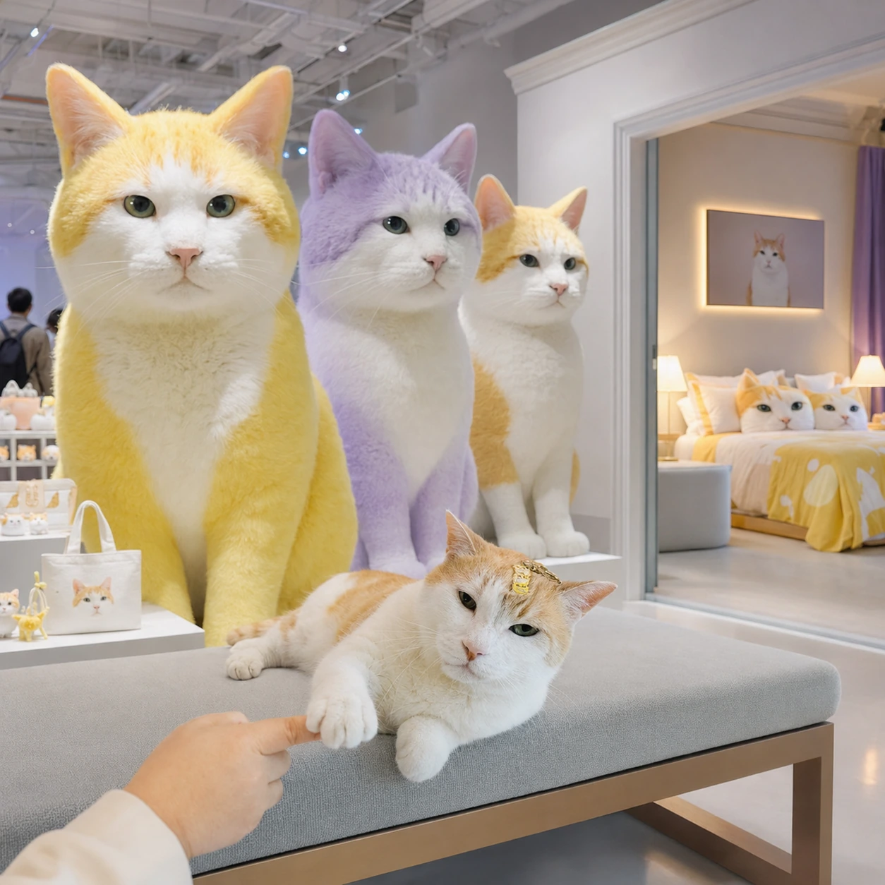 A bright exhibition hall with three giant soft sculptures of 黃阿瑪 in yellow, lavender and orange, merchandise on shelves, and a hotel room beyond filled with his face on pillows and bedding, while the real 黃阿瑪 rests on a bench in the foreground with one paw extended.