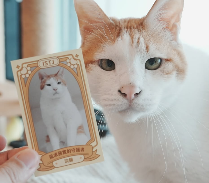 A close view of 黃阿瑪’s face with pale green eyes and a pink nose, beside a hand holding a small illustrated card labelled ISTJ showing his portrait.